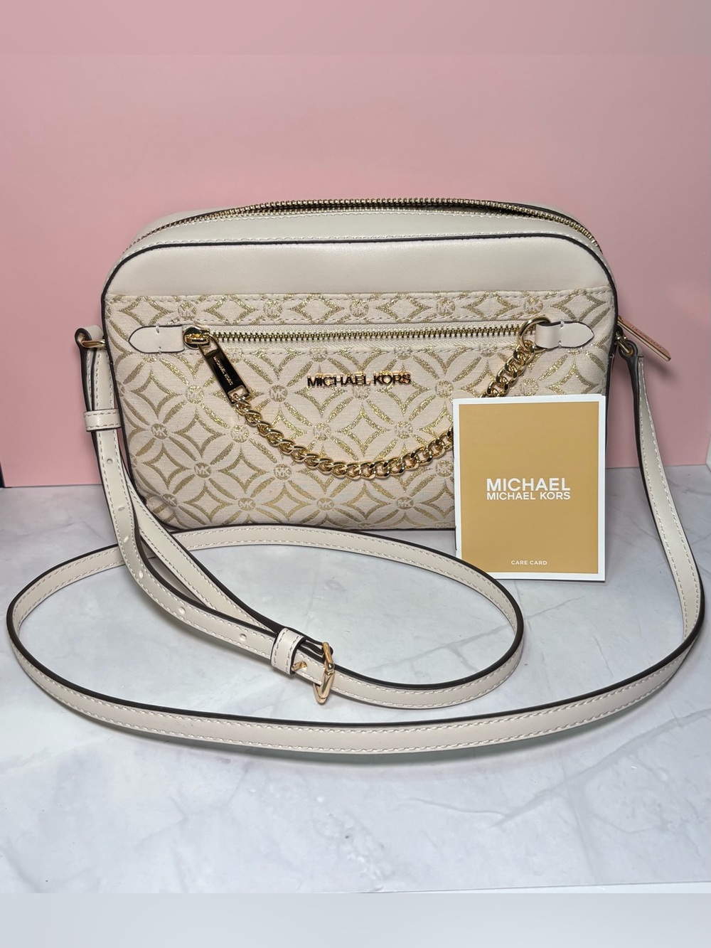 Michael Kors Cream Crossbody Bag with Metallic Gold Accents